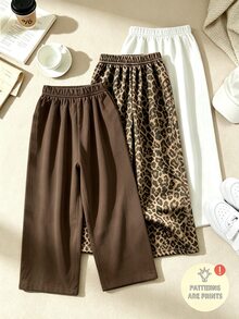 SHEIN 女童 3 件組豹紋與素色彈性腰寬腿褲，柔軟抓絨寬鬆長褲，秋冬休閒保暖套裝 - 彩色 - 查看 2