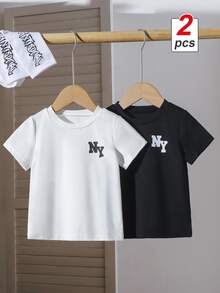 SHEIN 男嬰黑白 2件組休閒可愛簡約字母印花T恤，適合夏季度假上學 - 彩色 - 查看 8