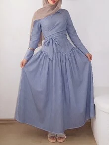 Solavon Women's Striped Waist Tie Casual Modest Elegant Party Brunch Travel Dress Blue And White Stripe Autumn - Navy Blue - View 7