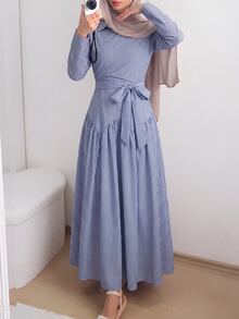 Solavon Women's Striped Waist Tie Casual Modest Elegant Party Brunch Travel Dress Blue And White Stripe Autumn - Navy Blue - View 6