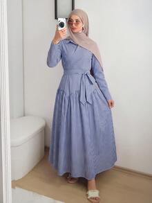 Solavon Women's Striped Waist Tie Casual Modest Elegant Party Brunch Travel Dress Blue And White Stripe Autumn - Navy Blue - View 5