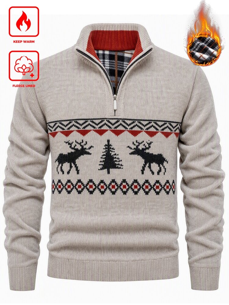 Manfinity CasualKnits Men's Half-Zip Christmas Knit Sweater - Beige - View 1