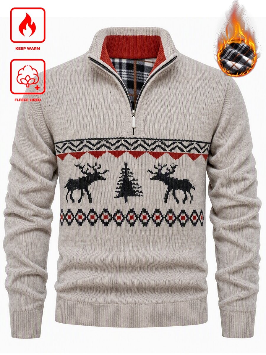 Manfinity CasualKnits Men's Half-Zip Christmas Knit Sweater - Beige - View 1