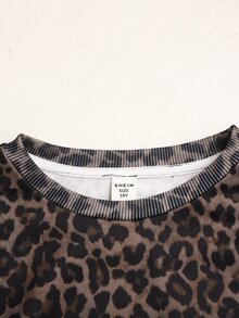 SHEIN Tween Girl Tween Girls Black Brown Leopard Logo Print Pullover Sweatshirt, Waist Ruched Loose Casual Versatile Back To School Autumn - Brown - View 5