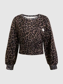 SHEIN Tween Girl Tween Girls Black Brown Leopard Logo Print Pullover Sweatshirt, Waist Ruched Loose Casual Versatile Back To School Autumn - Brown - View 4