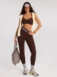 SHEIN Dewbera Women's Seamless Brown Sports Set Camisole Top & 9/10 Length Leggings - Coffee Brown - View 4