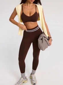 SHEIN Dewbera Women's Seamless Brown Sports Set Camisole Top & 9/10 Length Leggings - Coffee Brown - View 1