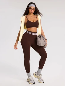 SHEIN Dewbera Women's Seamless Brown Sports Set Camisole Top & 9/10 Length Leggings - Coffee Brown - View 3