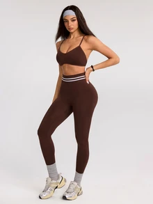 SHEIN Dewbera Women's Seamless Brown Sports Set Camisole Top & 9/10 Length Leggings - Coffee Brown - View 6