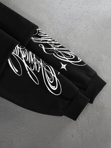 STYNVO 男士拼色圖案字母印花休閒日常百搭時尚長袖連帽衫 - 黑色 - 查看 3