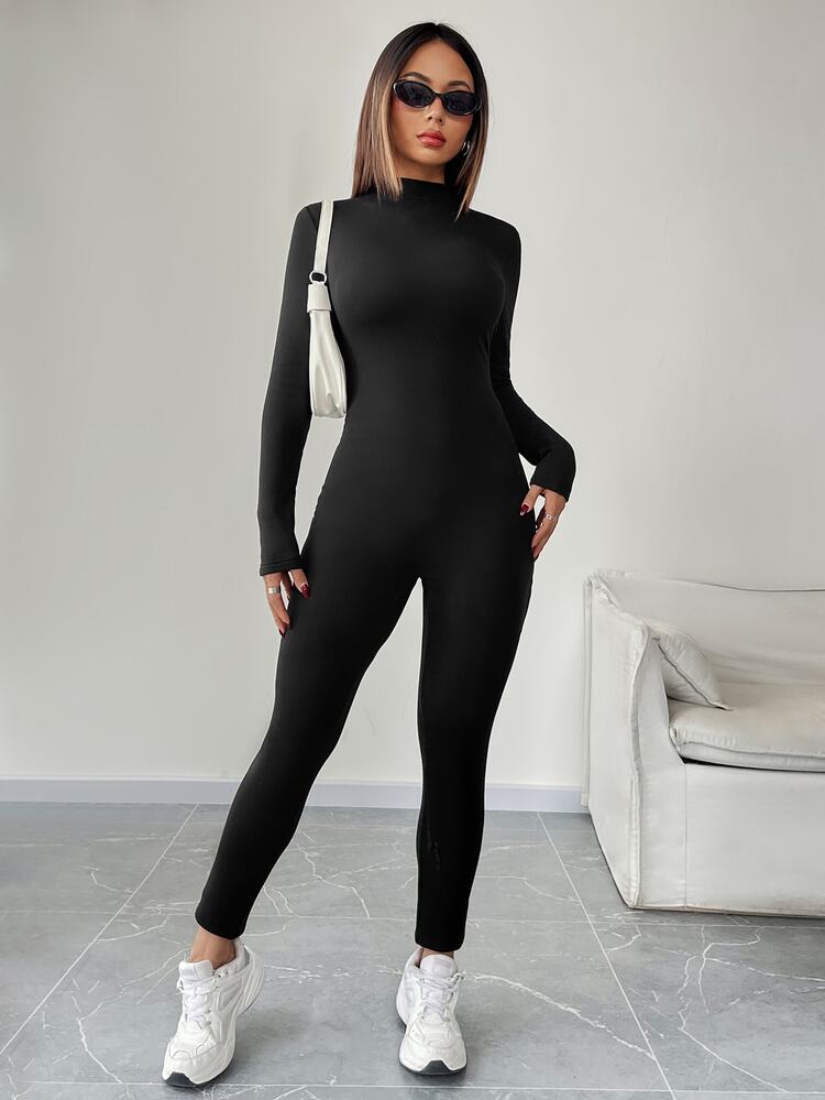 Nima Coro Autumn/Winter Zip Up Long Sleeve Skinny Jumpsuit Leggings, Warm Thermal Lined Compression Pants Jumpsuit Fall Cloth For Women - Black - View 6