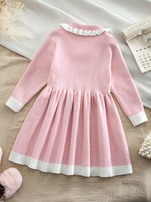 SHEIN 女童粉色針織洋裝，秋季新品，學院風、航海風、小公主風，領口設計，藍白拼色，娃娃洋裝 - 粉色 - 查看 4