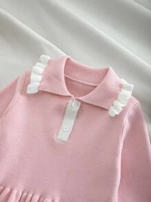 SHEIN 女童粉色針織洋裝，秋季新品，學院風、航海風、小公主風，領口設計，藍白拼色，娃娃洋裝 - 粉色 - 查看 7