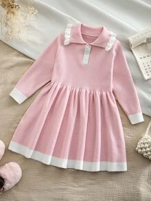 SHEIN 女童粉色針織洋裝，秋季新品，學院風、航海風、小公主風，領口設計，藍白拼色，娃娃洋裝 - 粉色 - 查看 3
