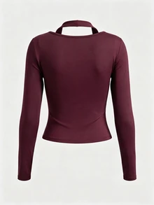 Sweetra Atasan Kaos Mesh Wanita Desain 2 in 1 Elegan Nyaman Lengan Panjang Fit - Burgundy - View 4