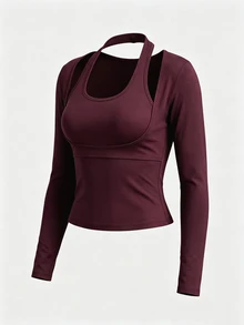Sweetra Atasan Kaos Mesh Wanita Desain 2 in 1 Elegan Nyaman Lengan Panjang Fit - Burgundy - View 1