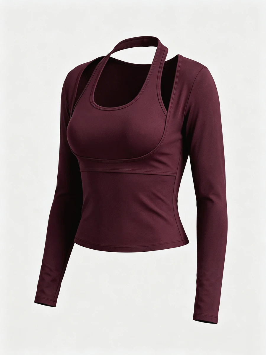 Sweetra Atasan Kaos Mesh Wanita Desain 2 in 1 Elegan Nyaman Lengan Panjang Fit - Burgundy - View 1