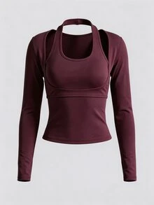 Sweetra Atasan Kaos Mesh Wanita Desain 2 in 1 Elegan Nyaman Lengan Panjang Fit - Burgundy - View 3