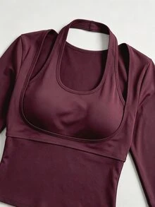 Sweetra Atasan Kaos Mesh Wanita Desain 2 in 1 Elegan Nyaman Lengan Panjang Fit - Burgundy - View 2