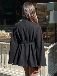 Aloruh 女款純色立領腰部打結休閒優雅大衣，適合日常、晚餐約會、辦公室穿著，黑色秋季款 - 黑色 - 查看 4