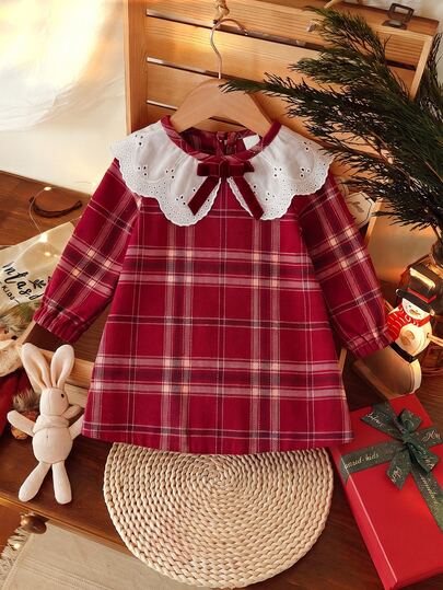 SHEIN Toddler Baby Girls Plaid Dress Sweet Elegant Burgundy White Lace Collar Bow Long Sleeve Doll Collar Regular Fall Holiday Wedding Guest Dress