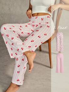Esseday 2pcs Cherry Pink Peach Butt Flared Leggings, Waist-Enhancing Casual Home Daily Comfortable Pajama Bottoms For Women - Multicolor - View 1