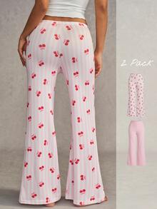Esseday 2pcs Cherry Pink Peach Butt Flared Leggings, Waist-Enhancing Casual Home Daily Comfortable Pajama Bottoms For Women - Multicolor - View 2