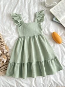 SHEIN Young Girl Summer Fashion Resort Green Ruffle Trim Flutter Sleeve Dress - Green - View 6