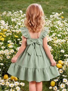 SHEIN Young Girl Summer Fashion Resort Green Ruffle Trim Flutter Sleeve Dress - Green - View 1