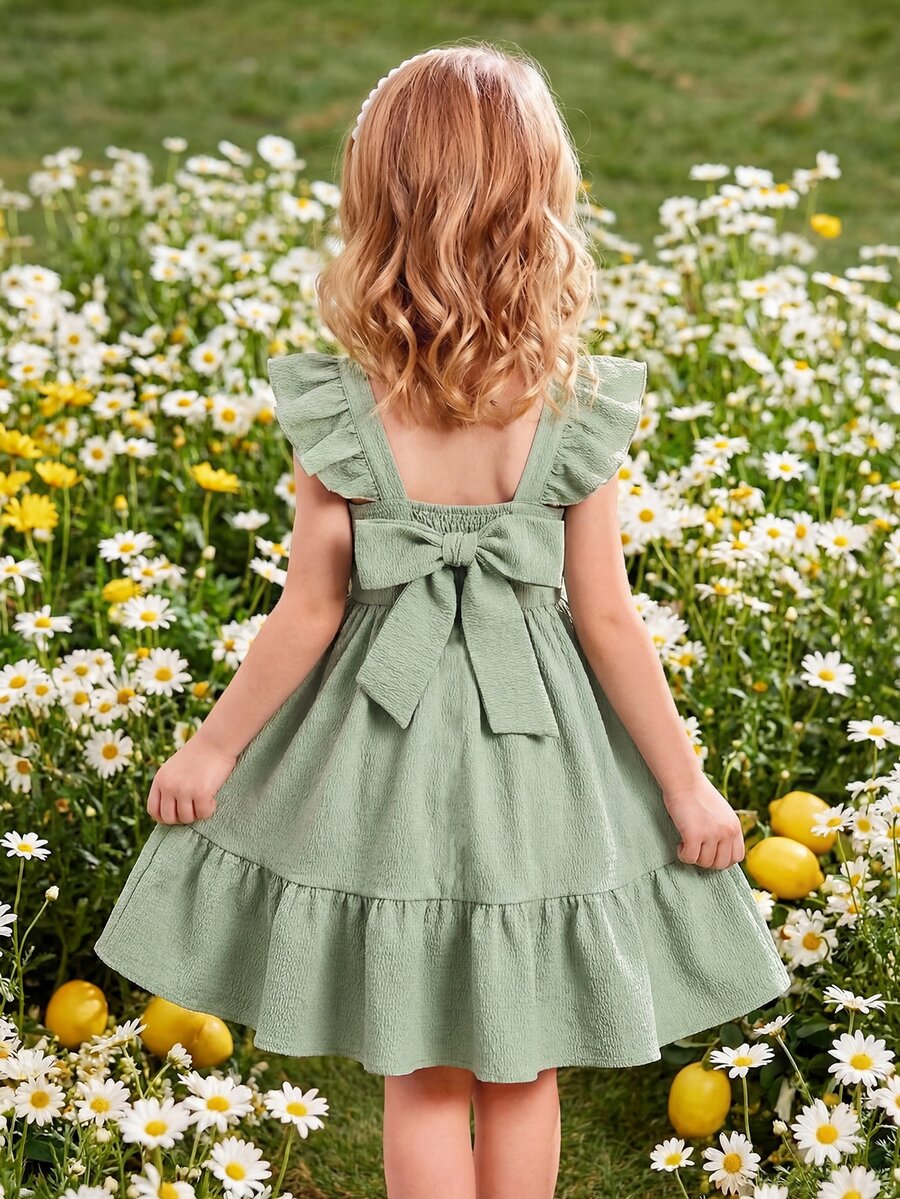 SHEIN Young Girl Summer Fashion Resort Green Ruffle Trim Flutter Sleeve Dress - Green - View 1