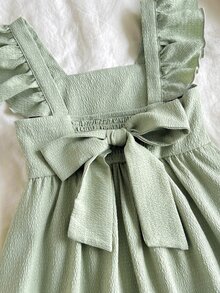 SHEIN Young Girl Summer Fashion Resort Green Ruffle Trim Flutter Sleeve Dress - Green - View 4