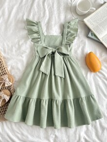 SHEIN Young Girl Summer Fashion Resort Green Ruffle Trim Flutter Sleeve Dress - Green - View 2