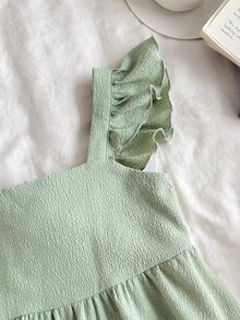 SHEIN Young Girl Summer Fashion Resort Green Ruffle Trim Flutter Sleeve Dress - Green - View 5