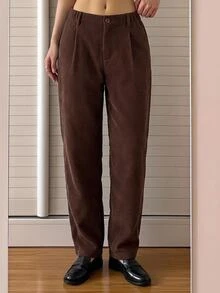 SHEIN EZwear 棕色調燈芯絨百褶直筒長褲 女款 工作 日常 正式 校園 辦公室 秋季 休閒 70年代風格 - 黑色 - 查看 9