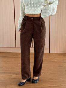 SHEIN EZwear 棕色調燈芯絨百褶直筒長褲 女款 工作 日常 正式 校園 辦公室 秋季 休閒 70年代風格 - 黑色 - 查看 3