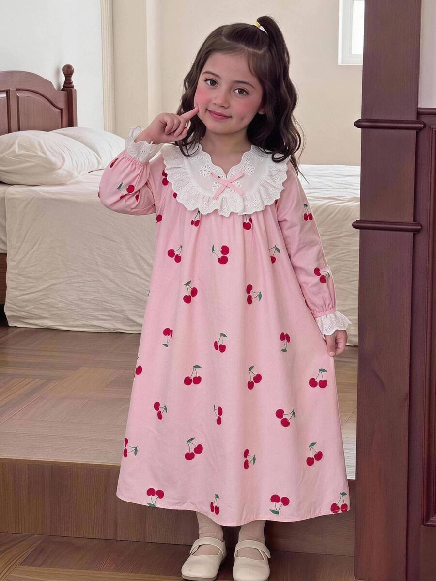 SHEIN 女童少女櫻桃印花可愛簡約返校季寬鬆休閒荷葉邊拼接居家服