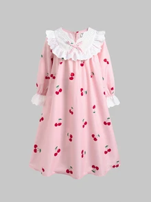 SHEIN 女童少女櫻桃印花可愛簡約返校季寬鬆休閒荷葉邊拼接居家服 - 彩色 - 查看 7