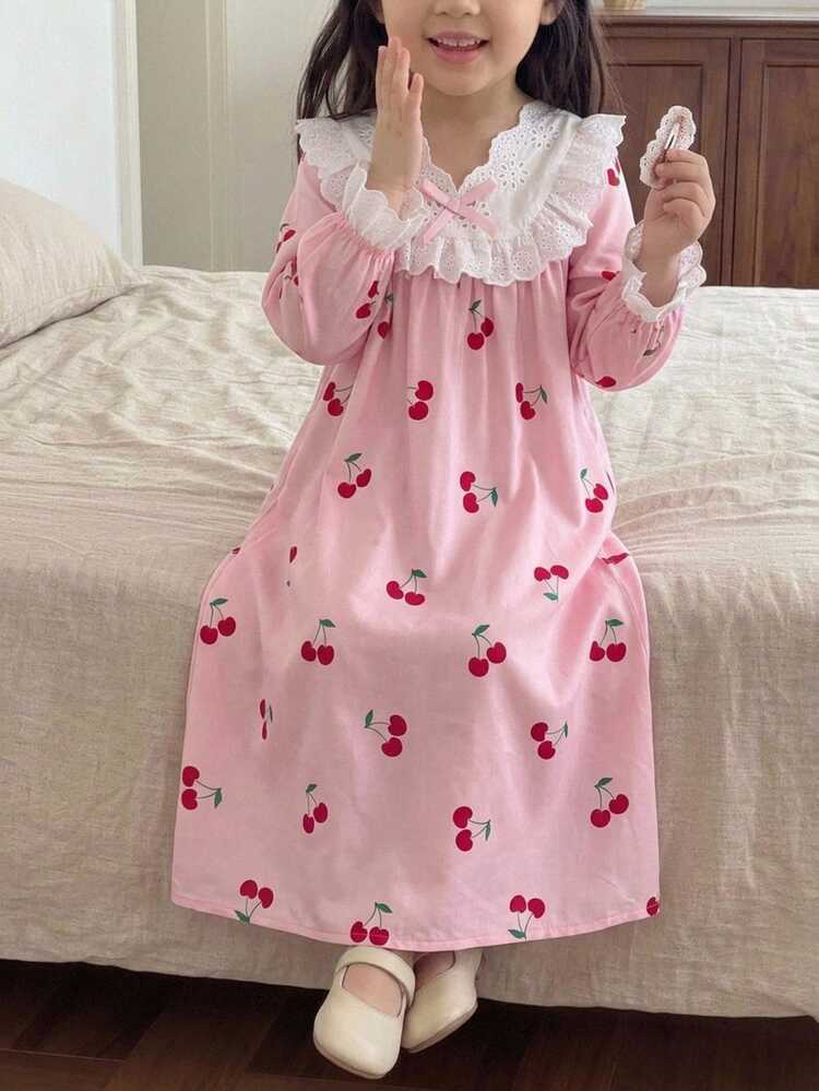 SHEIN Young Girl Young Girl Young Girl Cherry Print Cute Minimalist Back To School Loose Casual Ruffle Patchwork Cherry Print Loungewear - Multicolor - View 3