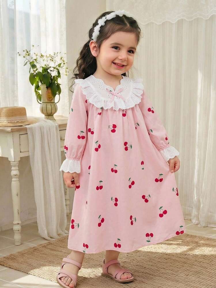 SHEIN Young Girl Young Girl Young Girl Cherry Print Cute Minimalist Back To School Loose Casual Ruffle Patchwork Cherry Print Loungewear - Multicolor - View 2