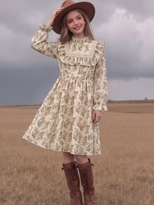 SHEIN 女童長袖復古家庭套裝鄉村風碎花中長洋裝，荷葉邊飾立領收腰A字裙，米色，適合秋季感恩節派對 - 杏色 - 查看 3
