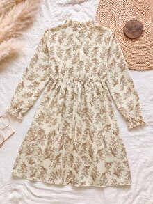 SHEIN 女童長袖復古家庭套裝鄉村風碎花中長洋裝，荷葉邊飾立領收腰A字裙，米色，適合秋季感恩節派對 - 杏色 - 查看 2