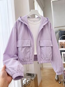 SHEIN 青少年女孩秋季灰色長袖純色連帽拉鍊休閒街頭風百搭日常外套，適合返校、職場、辦公室與校園 - 淡紫色 - 查看 1
