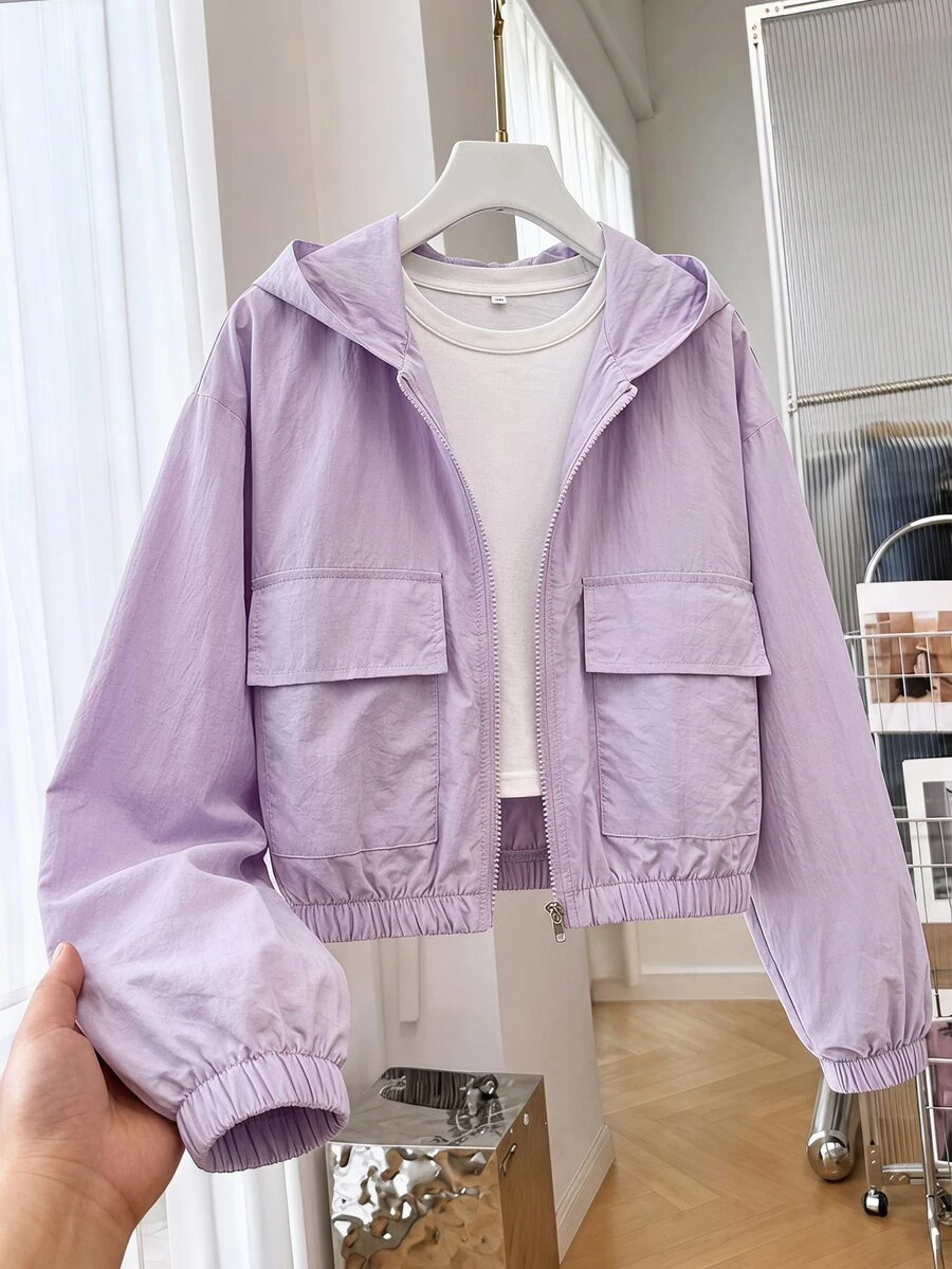 SHEIN 青少年女孩秋季灰色長袖純色連帽拉鍊休閒街頭風百搭日常外套,適合返校、職場、辦公室與校園 - 淡紫色 - 查看 1