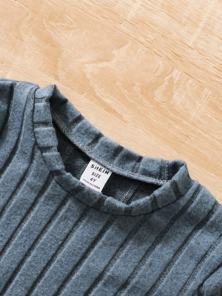 Elladie kids Setelan 2pcs Atasan Peplum Rajut Rib Warna Biru Muda Polos untuk Anak Perempuan Remaja, Lengan Panjang Elegan dengan Ikat Pinggang dan Simpul Pita, Pakaian Musim Gugur dan Musim Dingin - Biru - View 4