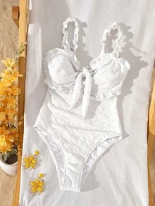 Swim Mod 女士春夏最新时尚沙滩装，镂空纹理印花浅黄色荷叶边连体泳衣 - 白色 - 查看 5
