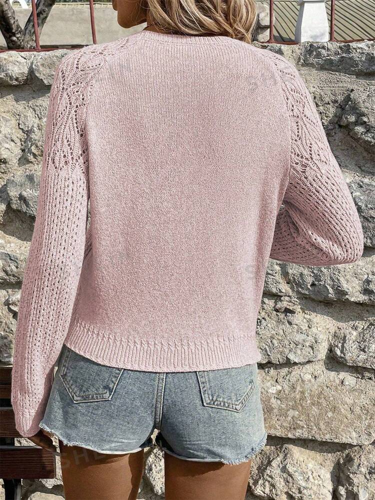 EMERY ROSE Solid Color Crew Neck Casual Pullover Sweater, Versatile For Autumn/Winter - Pink - View 2