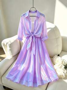GlowEve CURVE Plus Size Women's Solid Color Pleated Top And Skirt Fashion Set Autumn Vacation Beach Purple Casual Elegant - Purple - View 7
