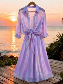 GlowEve CURVE Plus Size Women's Solid Color Pleated Top And Skirt Fashion Set Autumn Vacation Beach Purple Casual Elegant - Purple - View 1