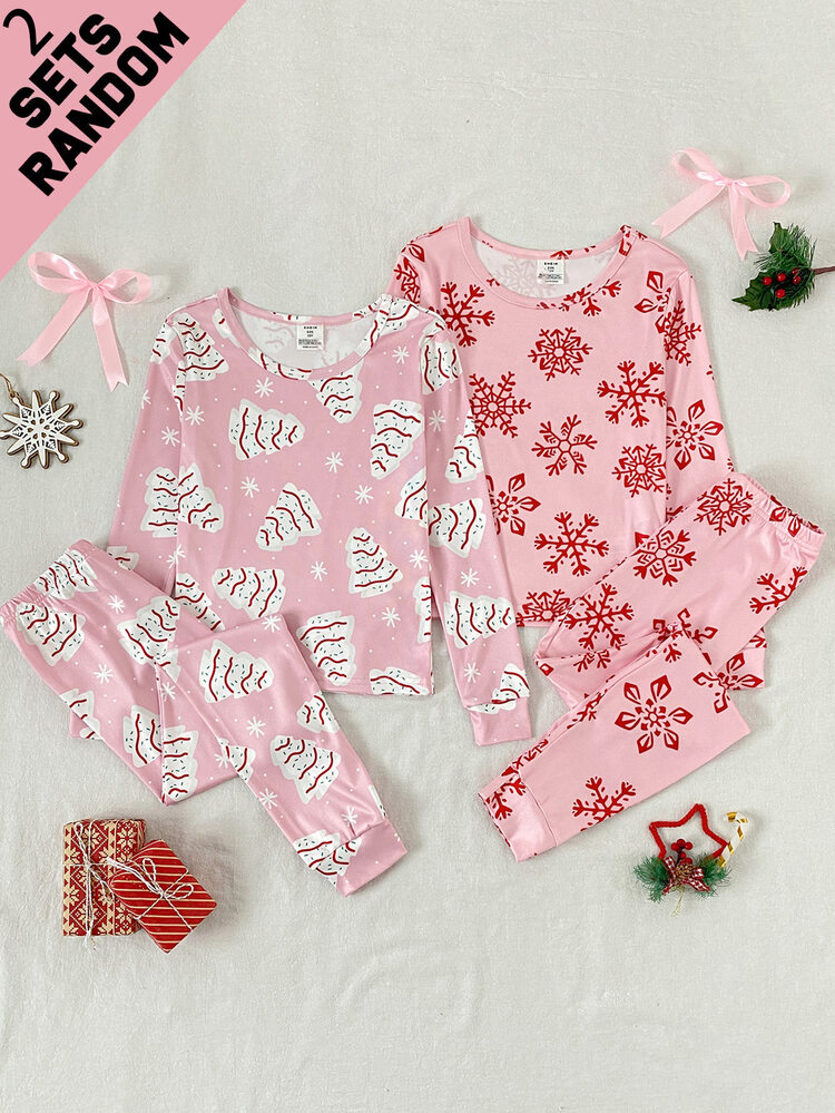 Tween Autumn/Winter Girl Bow Stretchy Ribbed Snug Fit Long Sleeve Pants Crew Neck Print Christmas Pajamas Snowflake Red - Pink - View 2