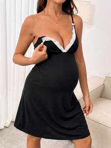 Slowluna Maternity Colorblock Lace Trim Cami Dress - Black - View 4